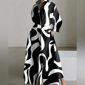 Plus Size Elegant Dress, Abstract Collar Slight Stretch Maxi Dress With Pockets